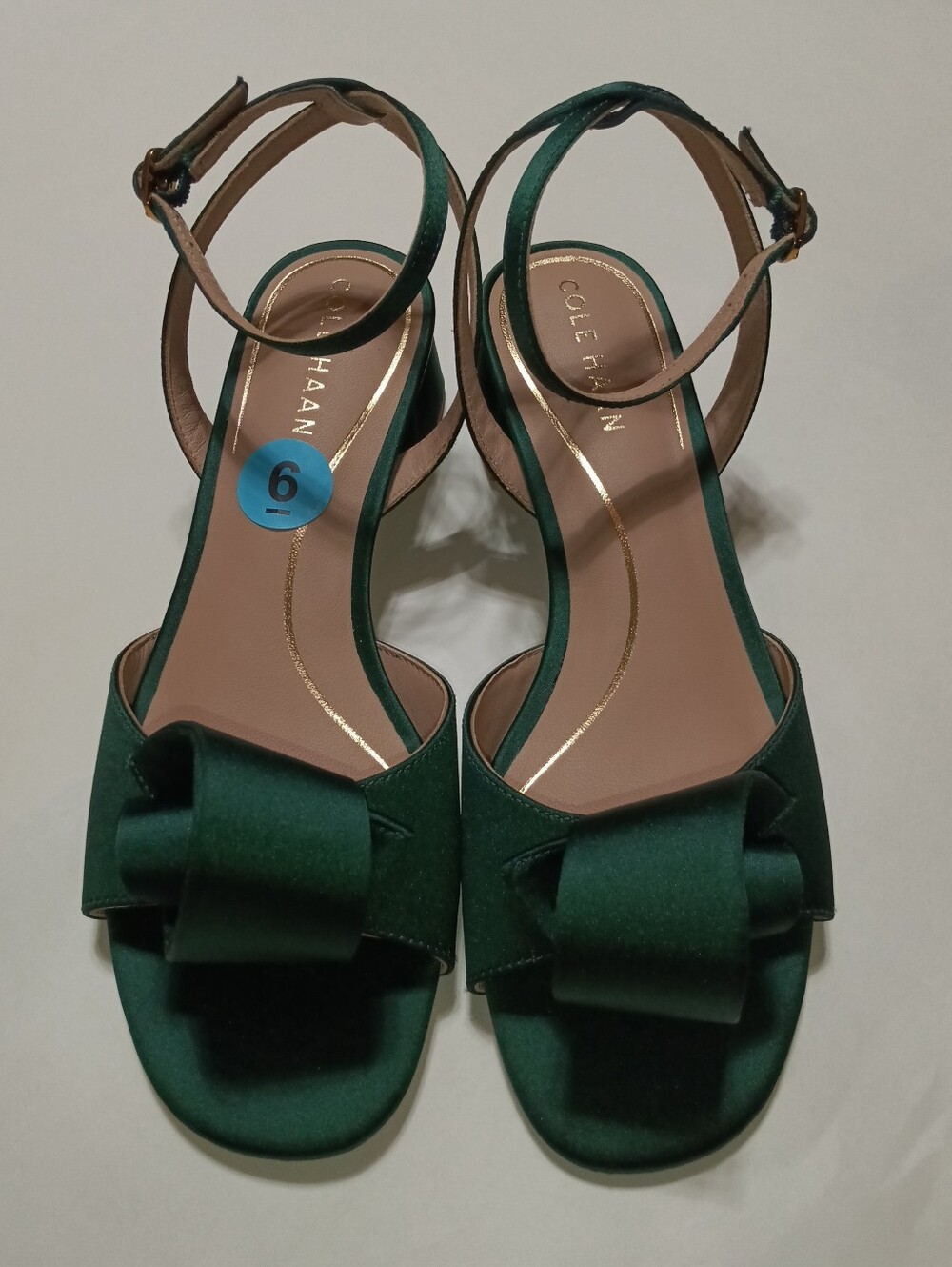 Cole Haan Florette Rainforest Green Satin Bow Ankle-Strap Heels Size 6 - Picture 4 of 13